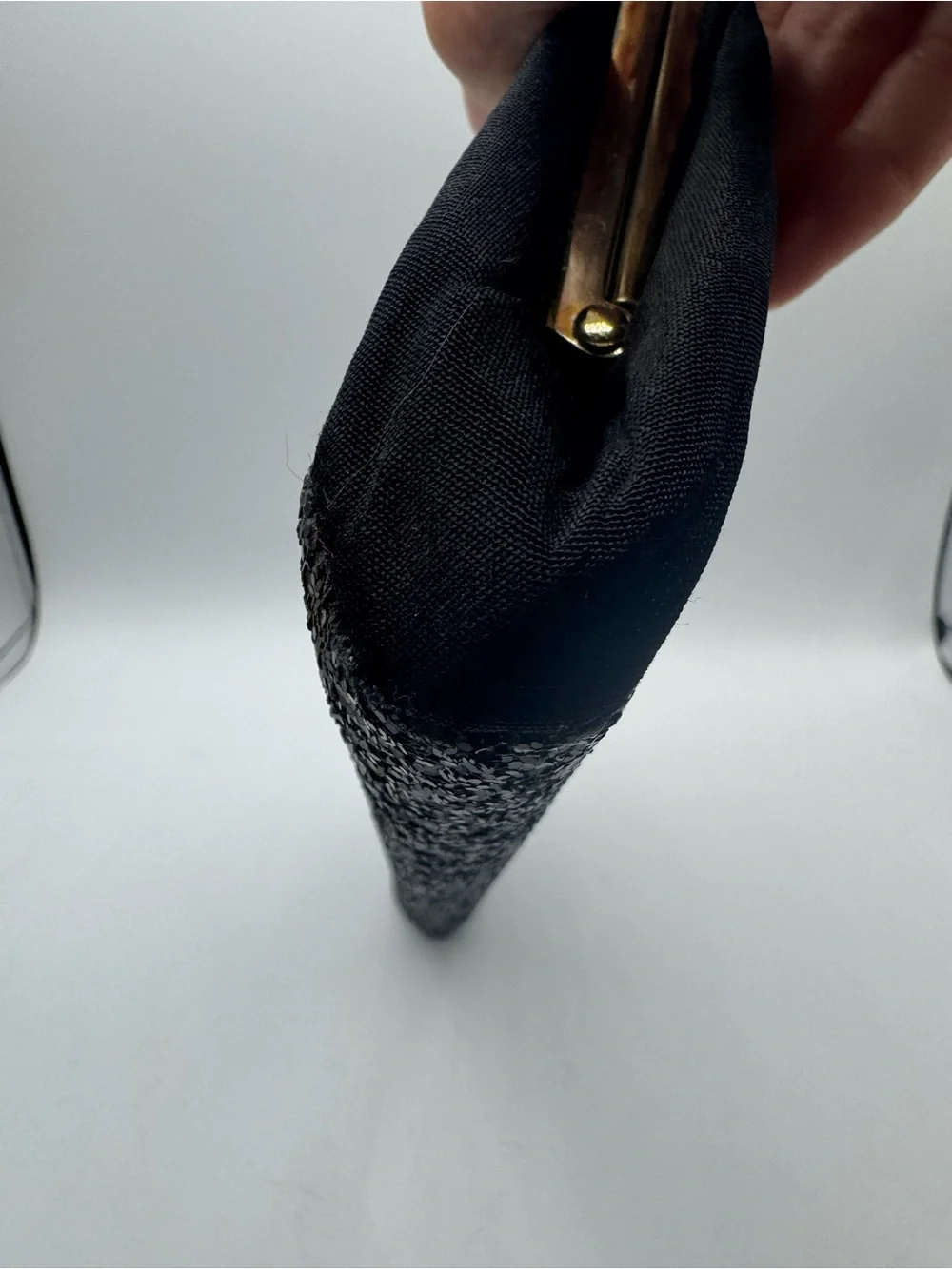 Vintage Black Sparkling Clutch Bag With Brass Trim